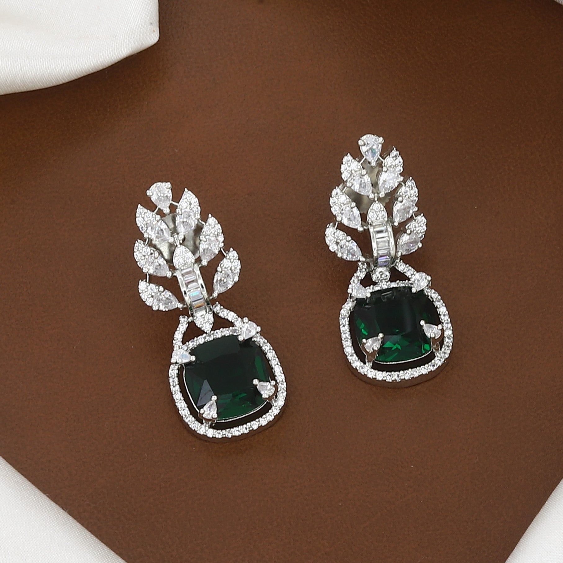 Silver Plated Emerald Stone & CZ Leaf Design Necklace Set with Earrings