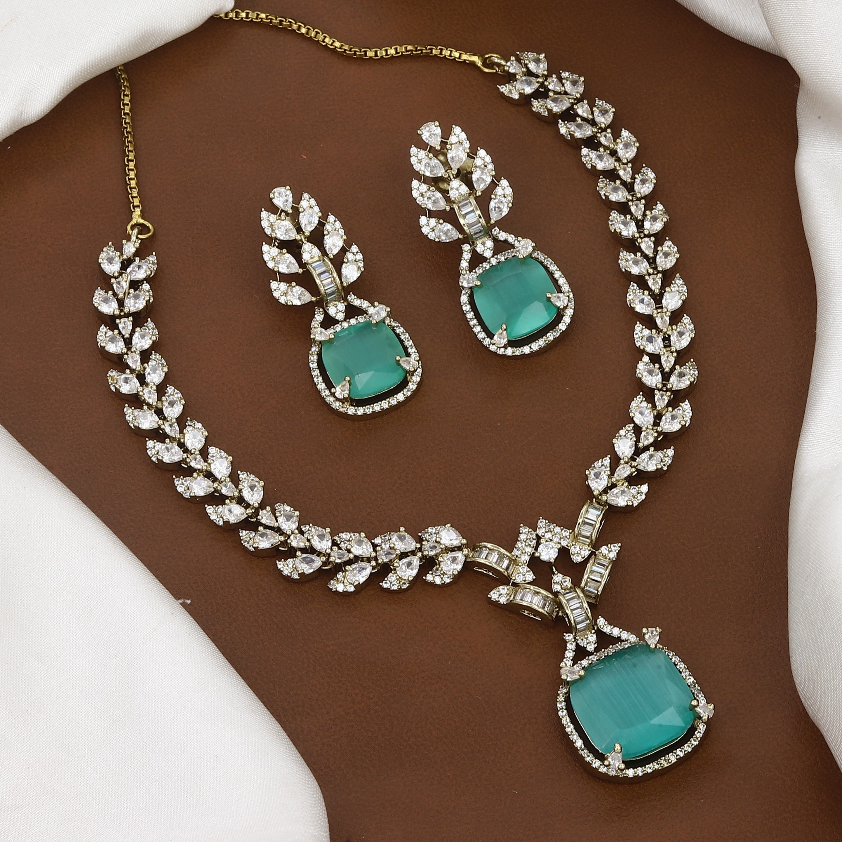 Mehndi Polished Emerald Stone & CZ Leaf Design Necklace Set with Earrings