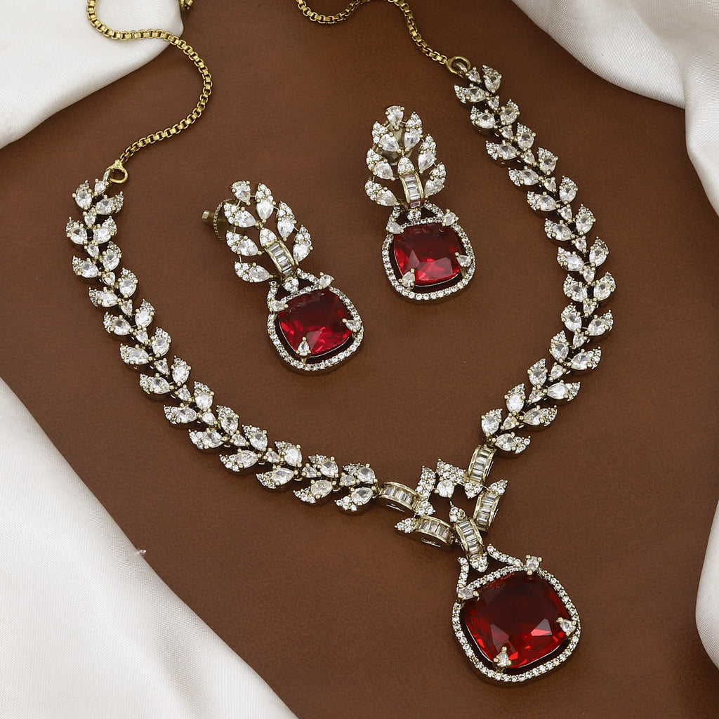 Mehndi Polished Emerald Stone & CZ Leaf Design Necklace Set with Earrings