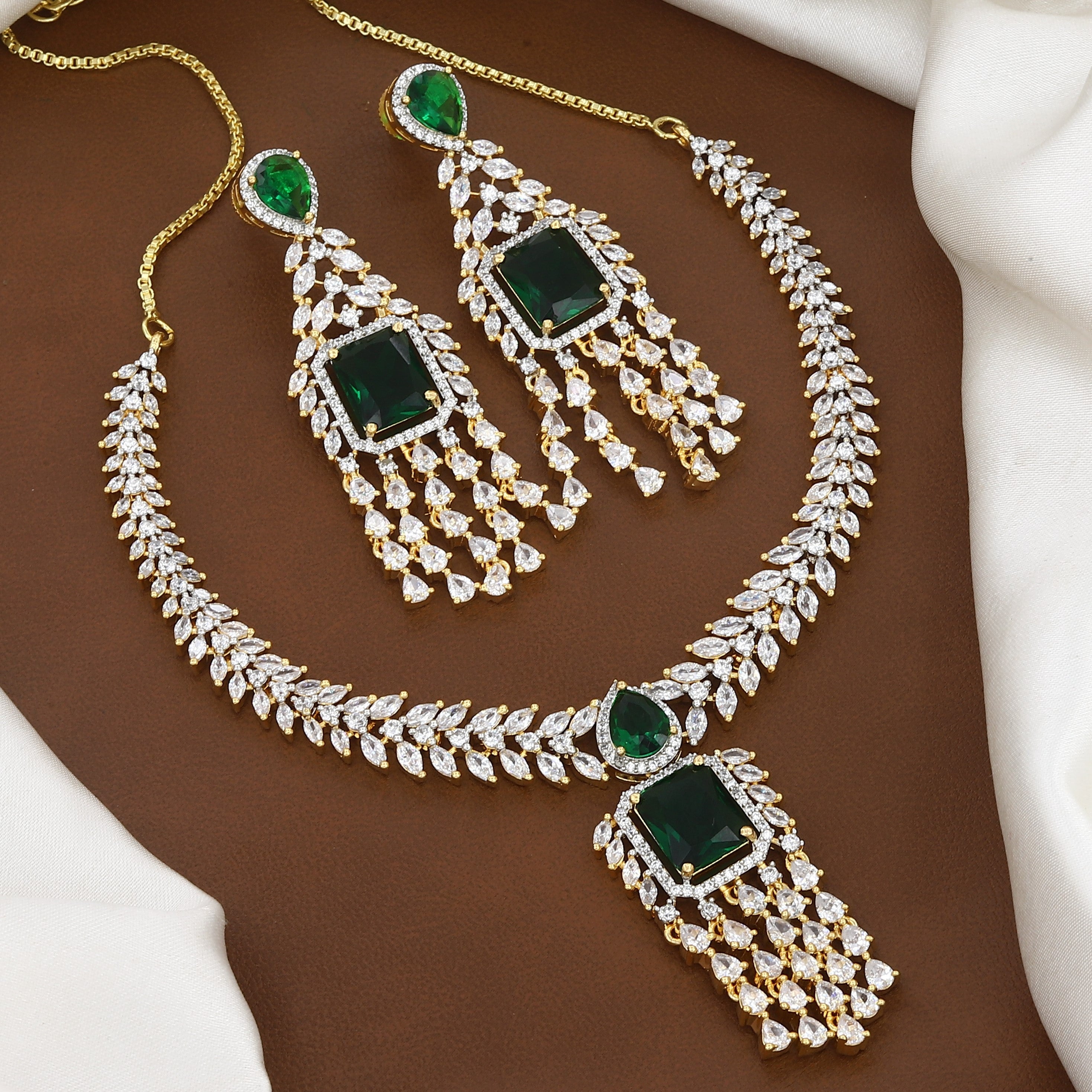 Golden Polished American Diamond Necklace Set with Earrings