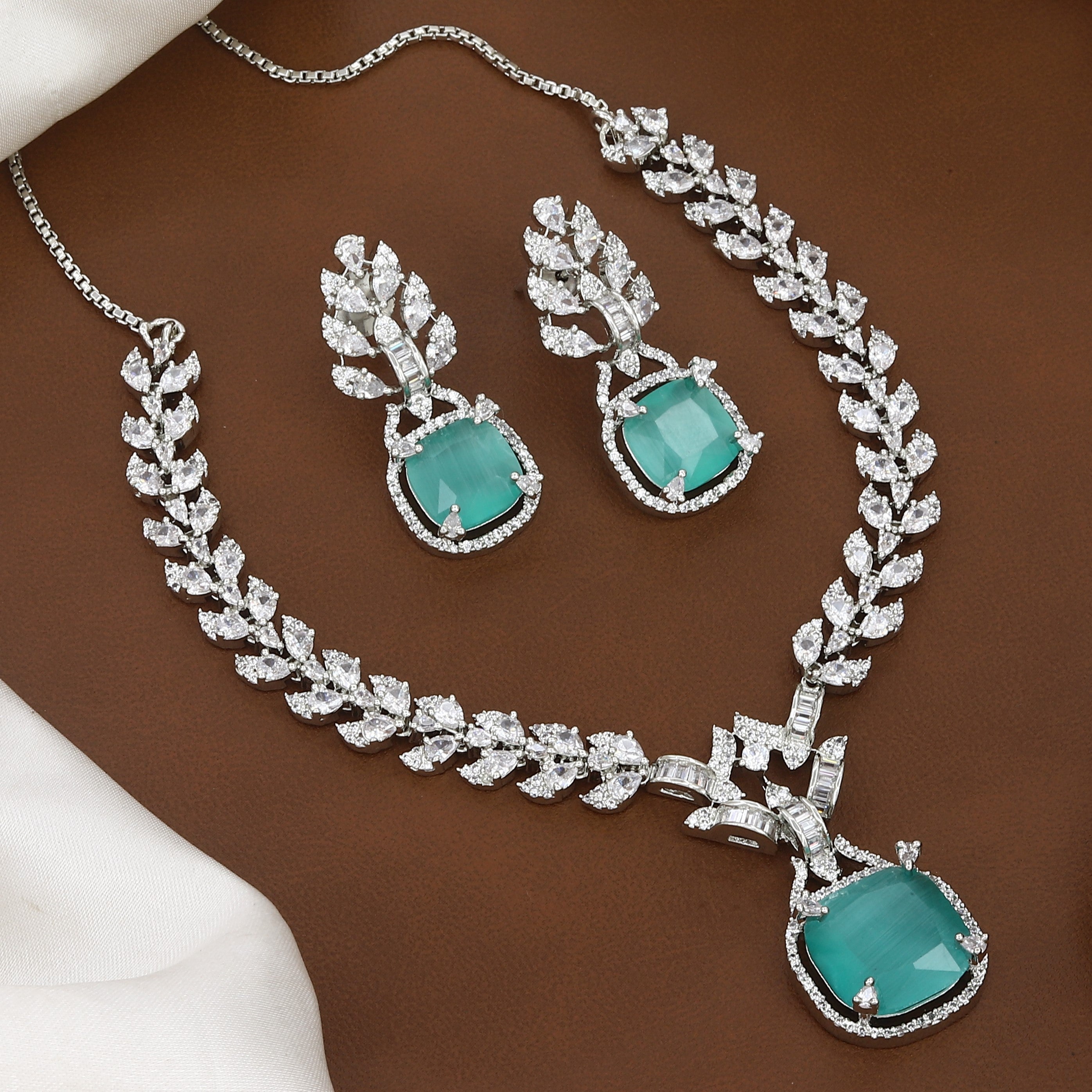 Silver Plated Emerald Stone & CZ Leaf Design Necklace Set with Earrings