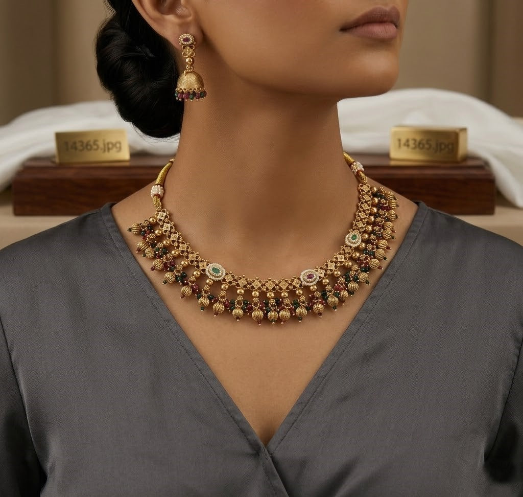 Traditional Gold-Toned Necklace Set with Ruby & Emerald Beads