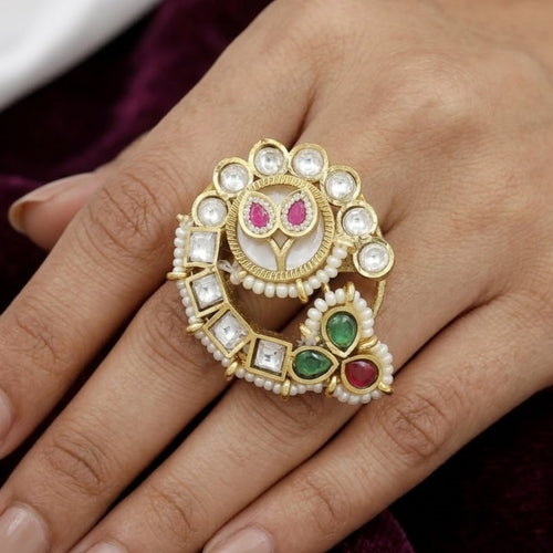 Antique Kundan Ring with Ruby, Emerald & Polki