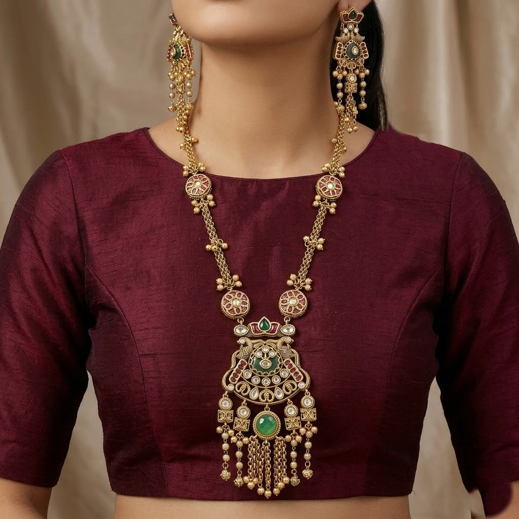 Gold-Plated Floral Necklace Set with Green Onyx & Pearls