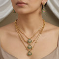3-Layer Gold Multi-Strand Necklace Set with Green Stones