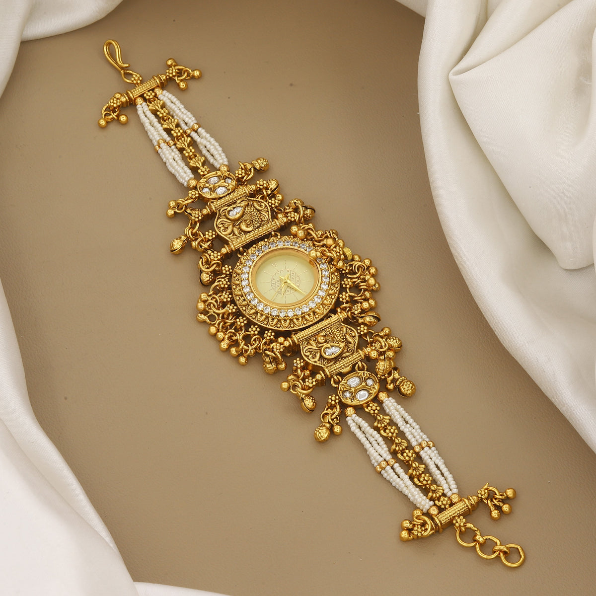 Traditional Gold-Plated Pearl & Stone Watch Bracelet