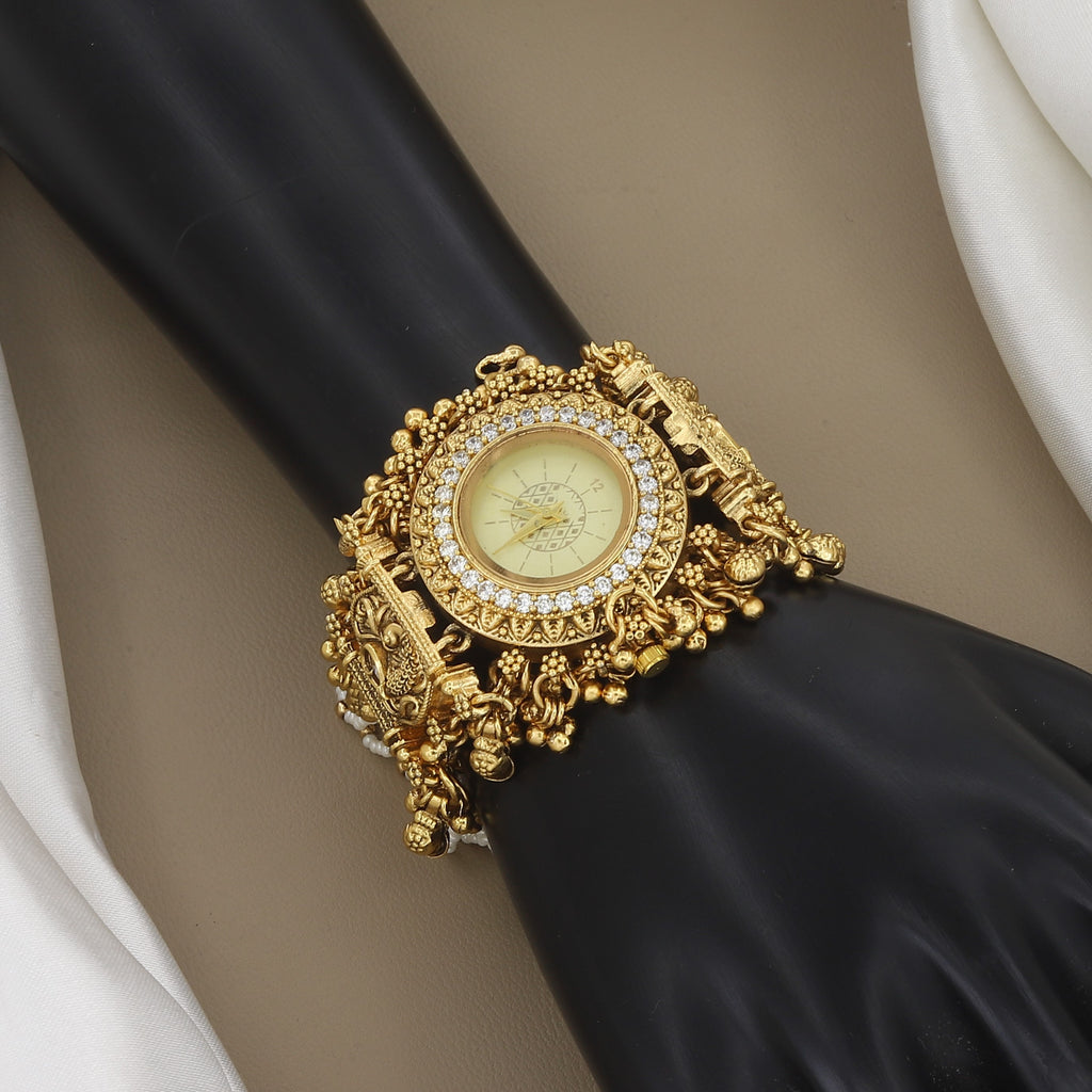 Traditional Gold-Plated Pearl & Stone Watch Bracelet