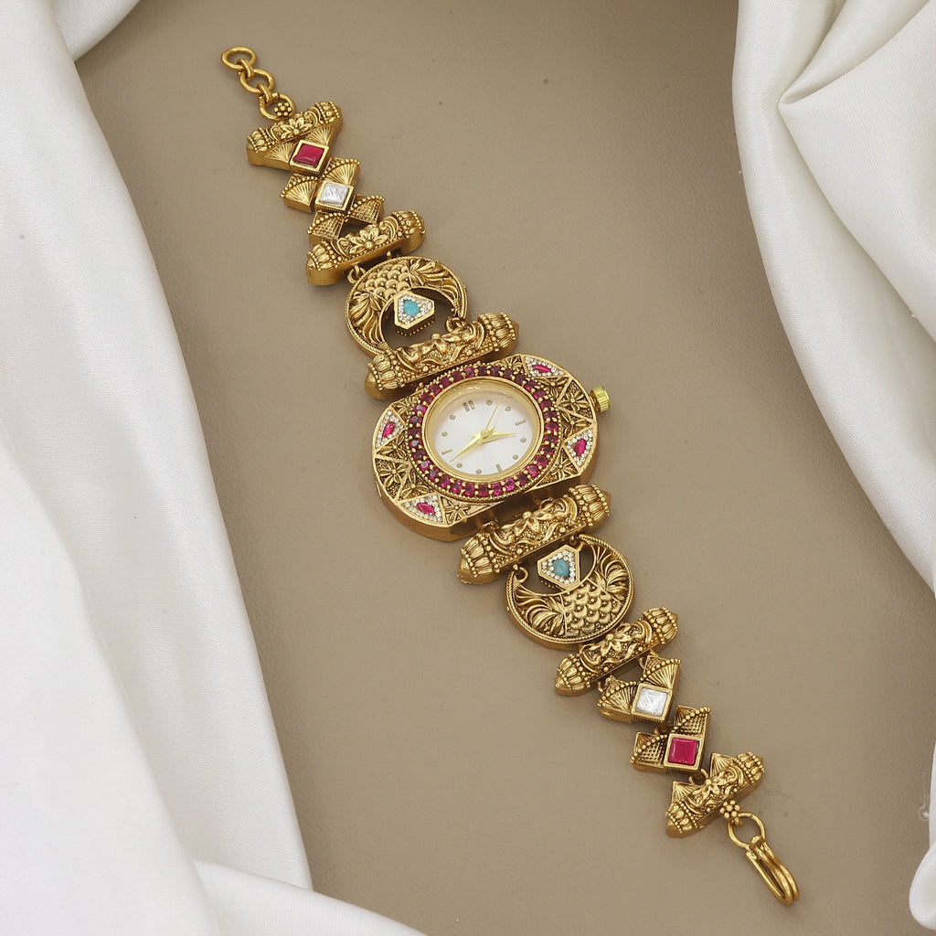 Traditional Gold-Plated Ruby & Turquoise Stone Watch Bracelet