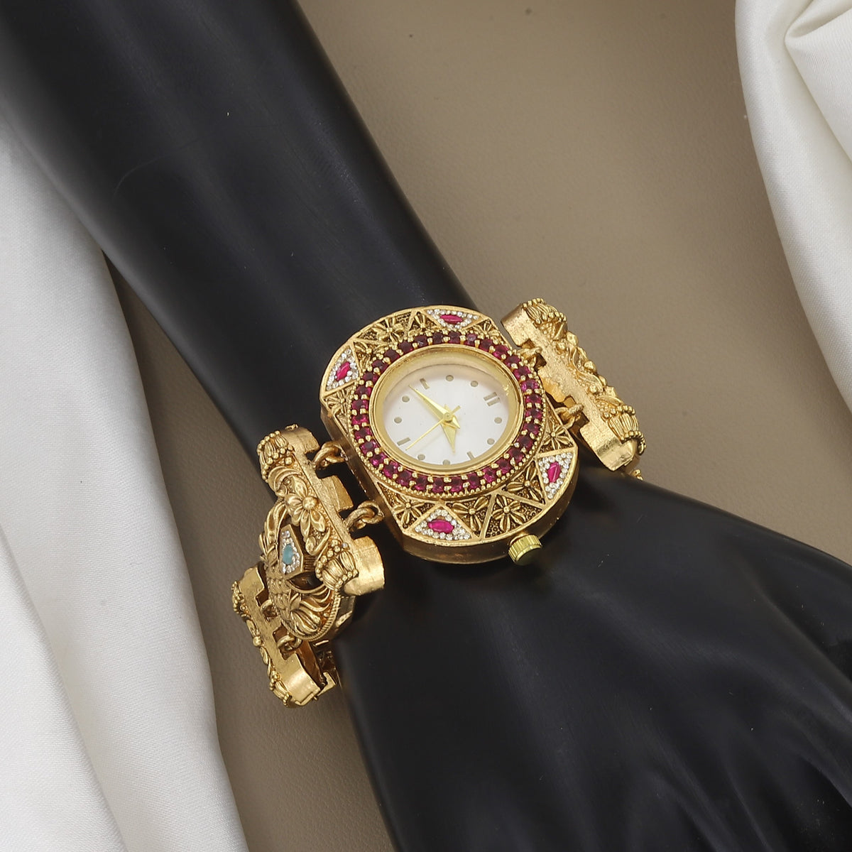 Traditional Gold-Plated Ruby & Turquoise Stone Watch Bracelet