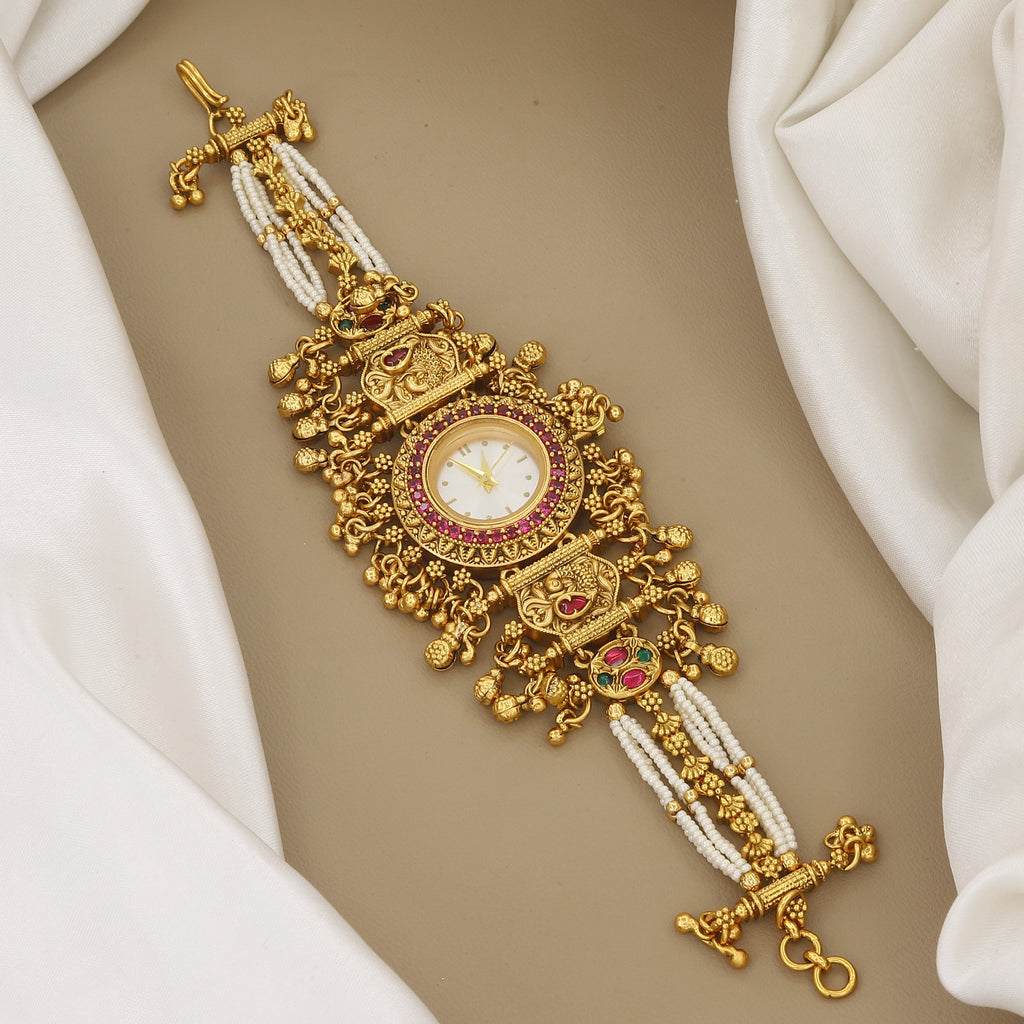 Traditional Gold-Plated Pearl & Stone Watch Bracelet