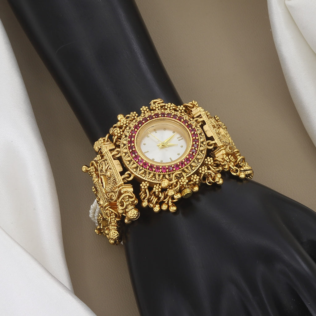 Traditional Gold-Plated Pearl & Stone Watch Bracelet