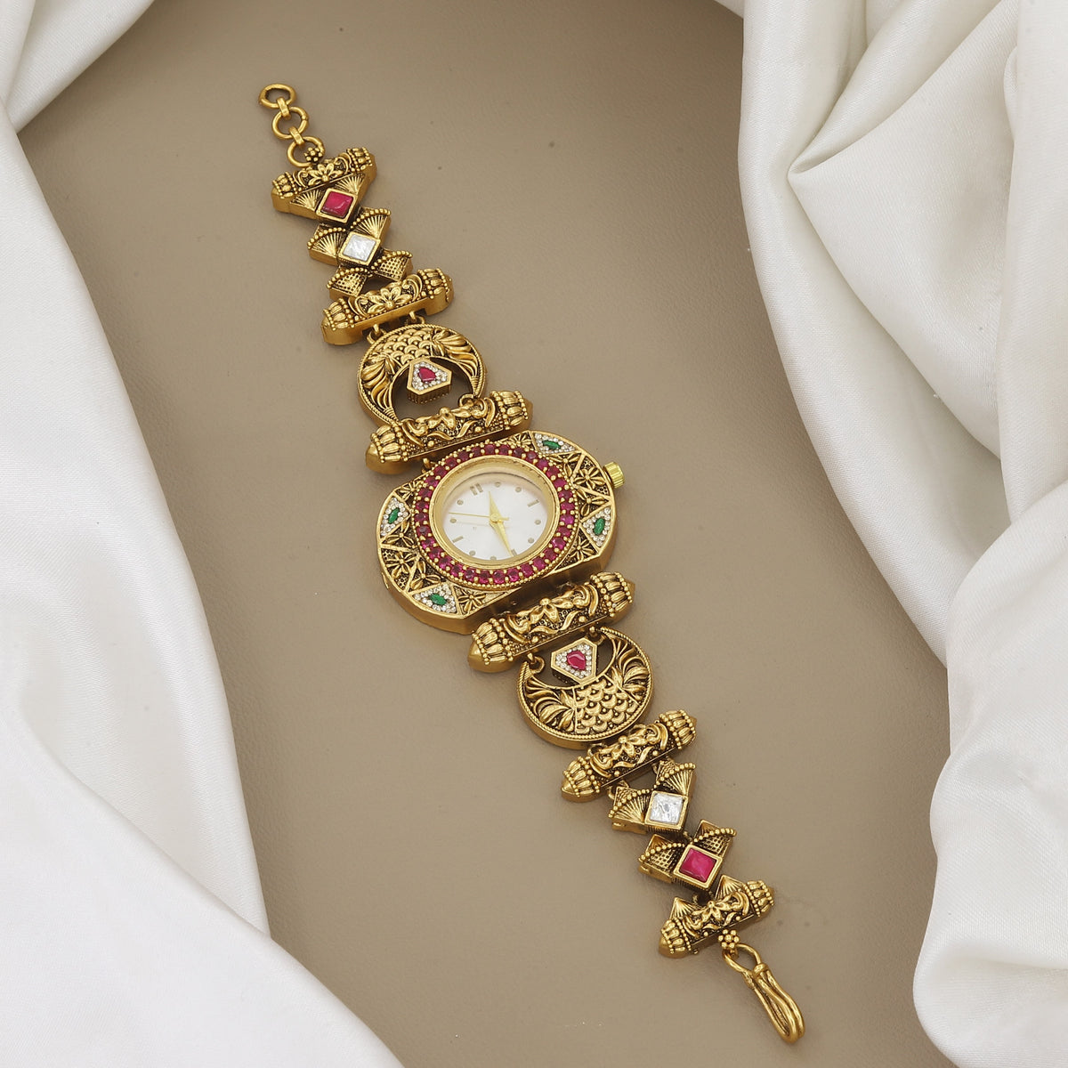 Traditional Gold-Plated Ruby & Turquoise Stone Watch Bracelet