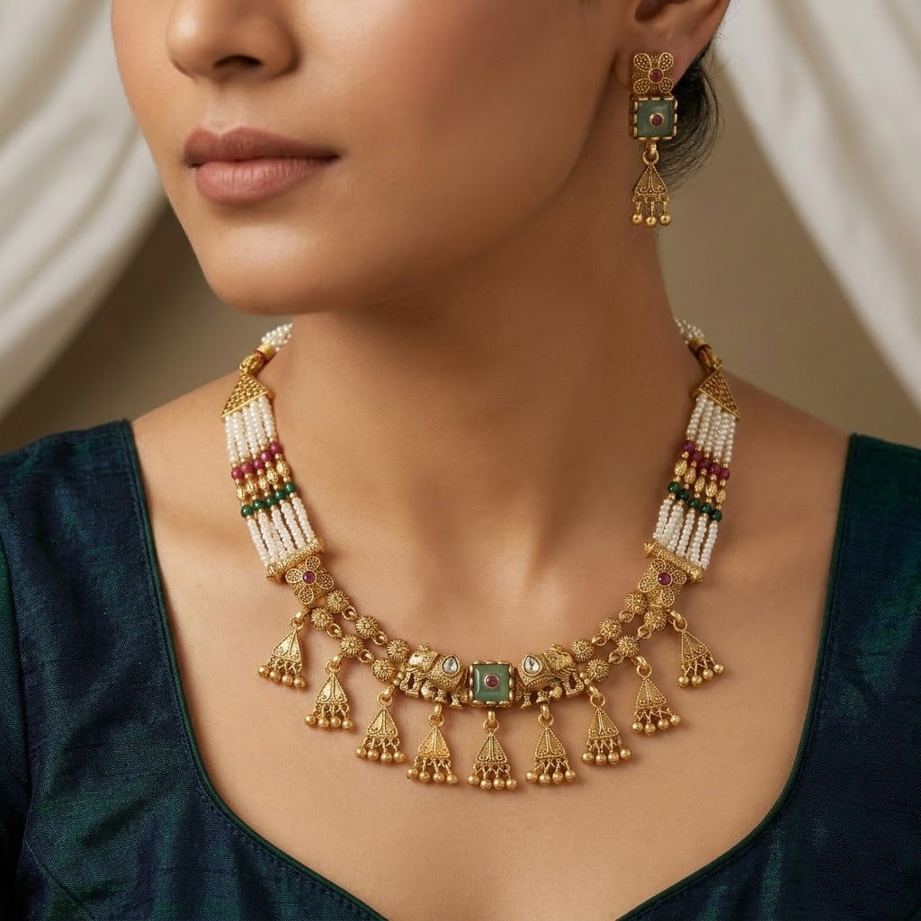 Antique Gold Charm & Pearl Beaded Necklace Set
