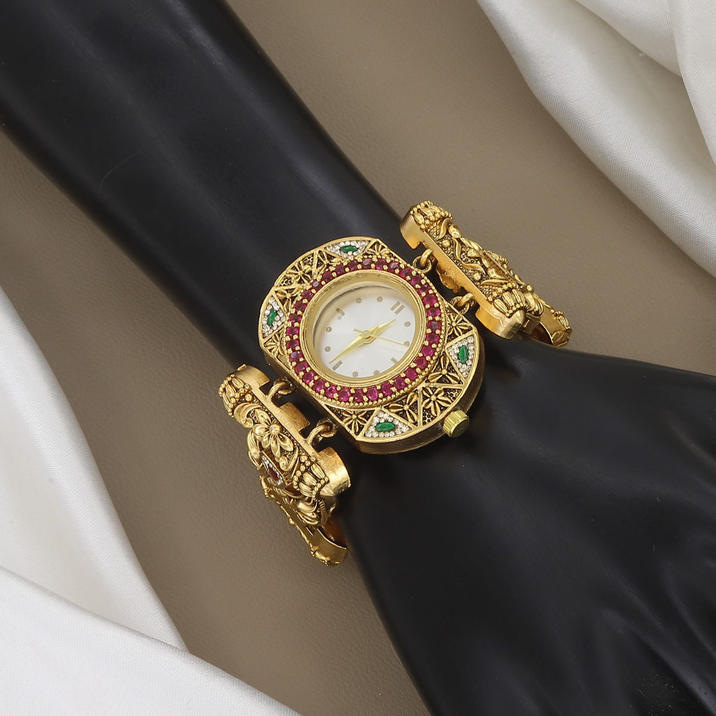 Traditional Gold-Plated Ruby & Turquoise Stone Watch Bracelet