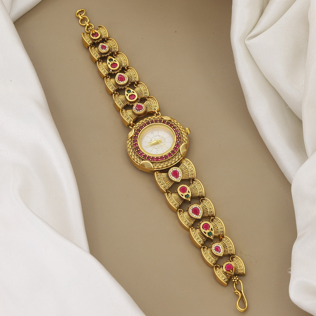 Traditional Gold-Plated Ruby Stone Designer Watch Bracelet