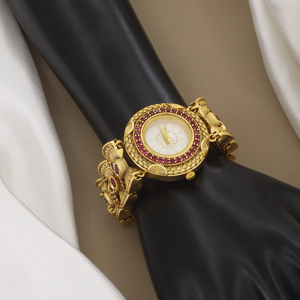 Traditional Gold-Plated Ruby Stone Designer Watch Bracelet