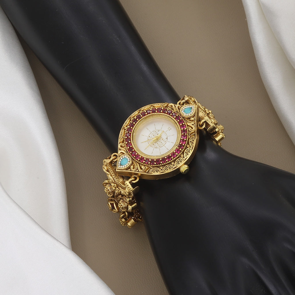 Traditional Gold-Plated Ruby & Turquoise Stone Watch Bracelet