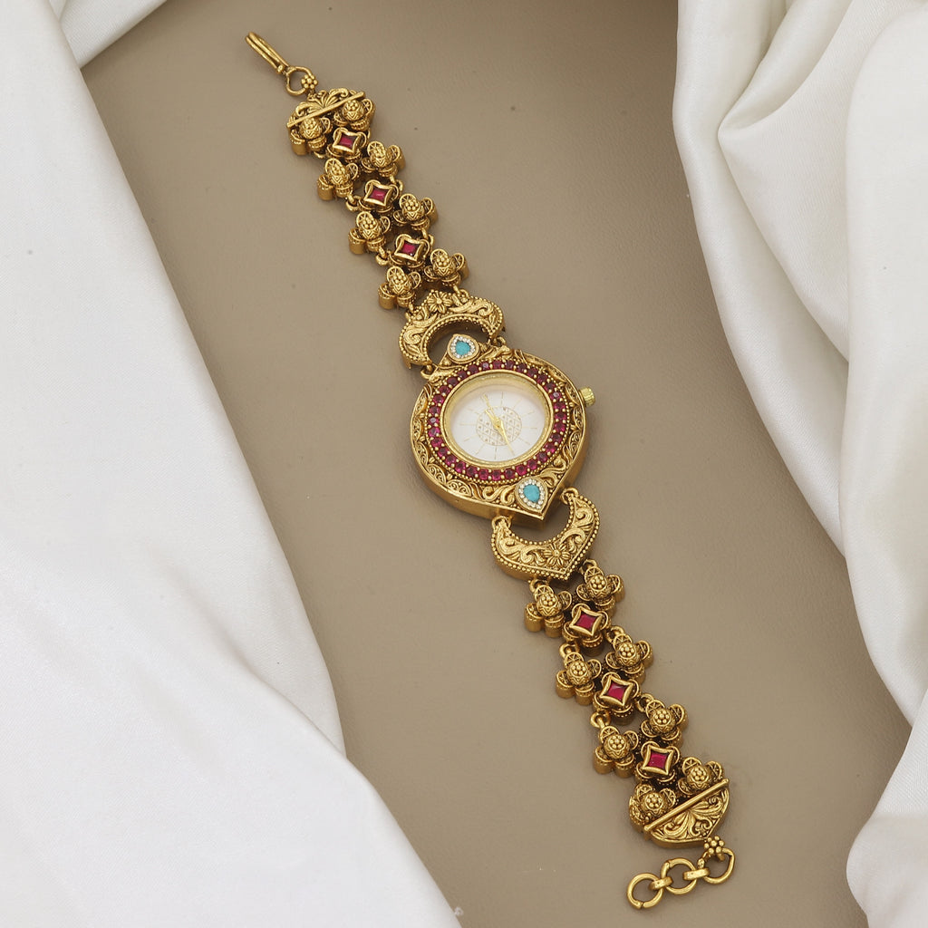 Traditional Gold-Plated Ruby & Turquoise Stone Watch Bracelet