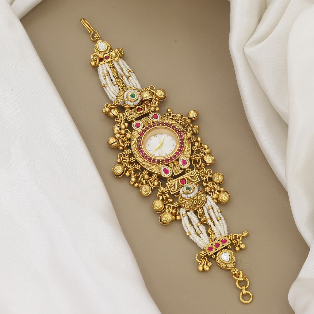 Traditional Gold-Plated Pearl & Stone-Studded Watch Bracelet