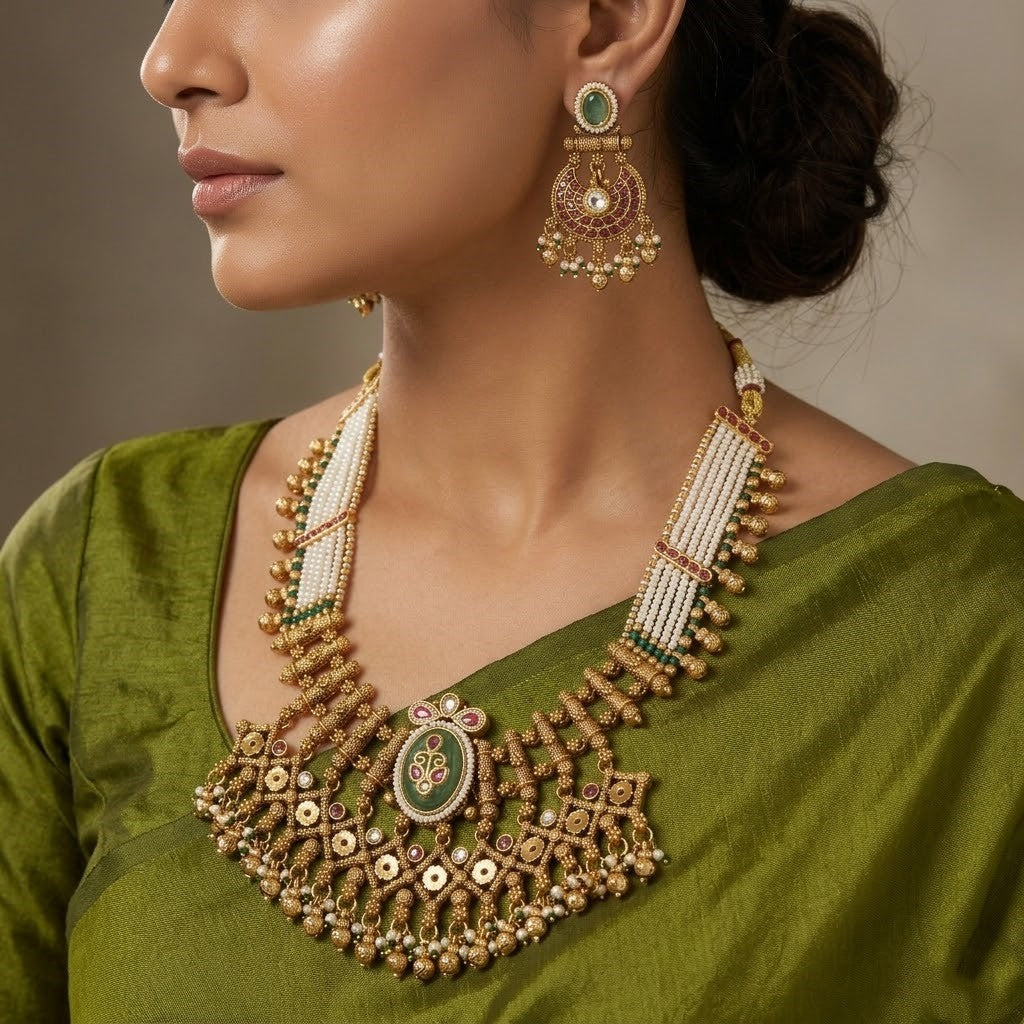 Antique Finish Statement Kundan & Gemstone Wedding Necklace Set