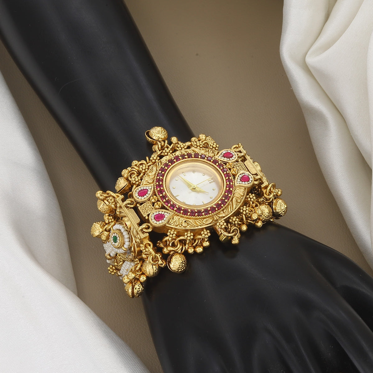Traditional Gold-Plated Pearl & Stone-Studded Watch Bracelet