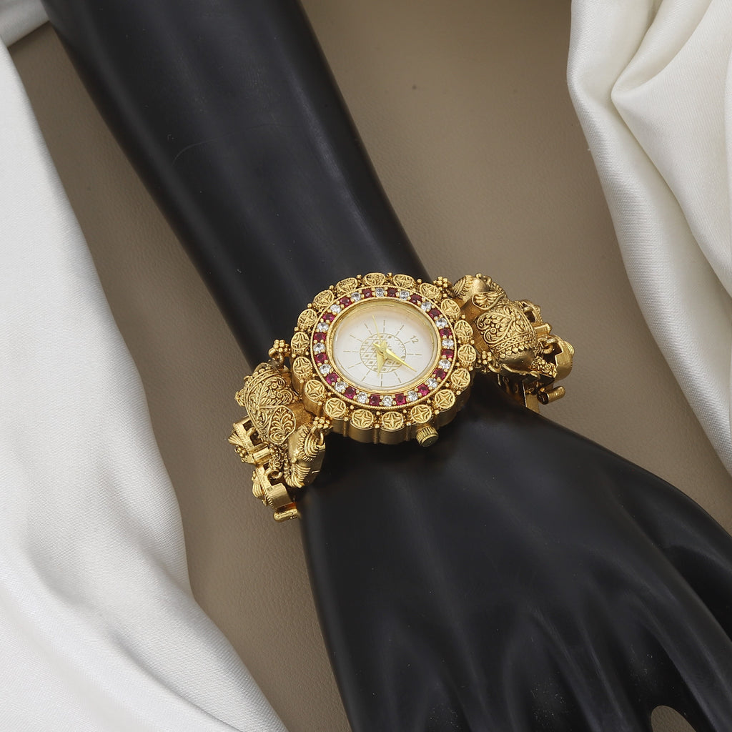 Traditional Gold-Plated Elephant Motif Stone-Studded Watch Bracelet