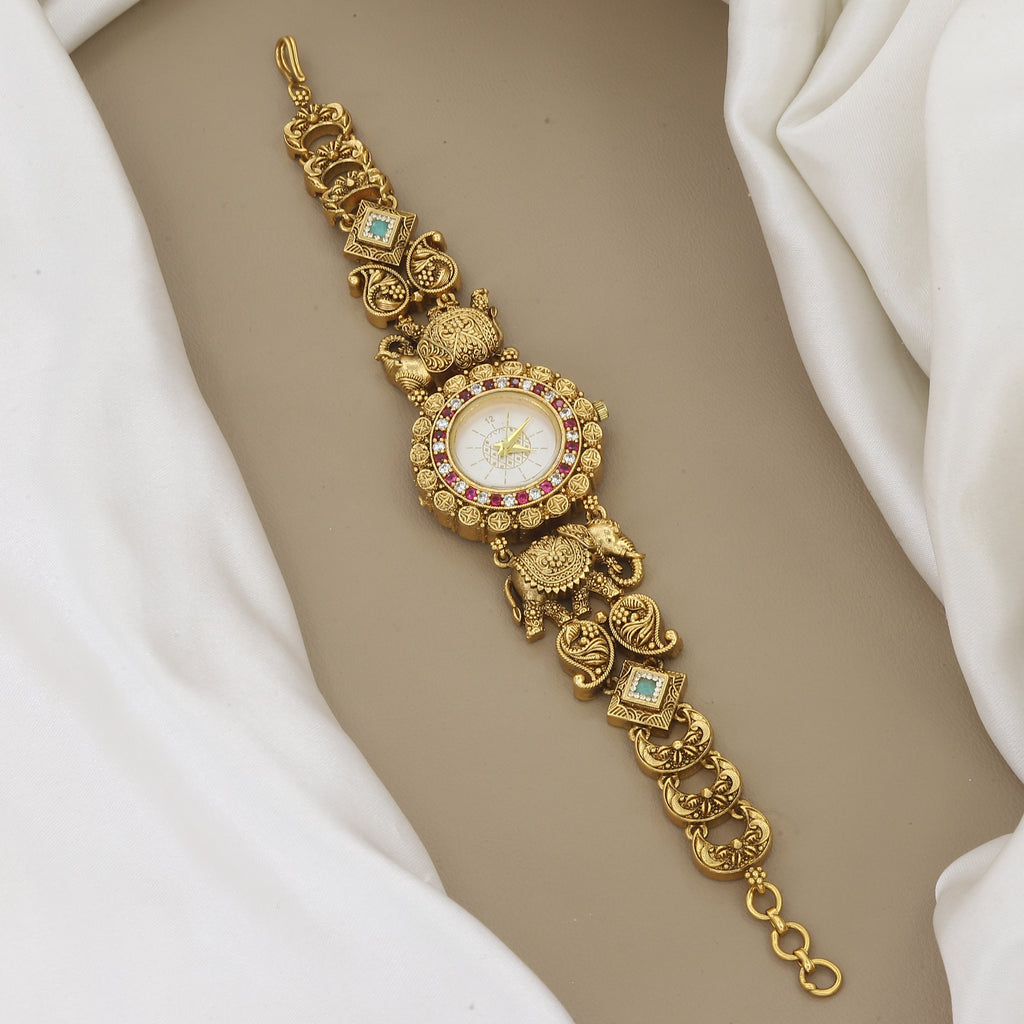 Traditional Gold-Plated Elephant Motif Stone-Studded Watch Bracelet