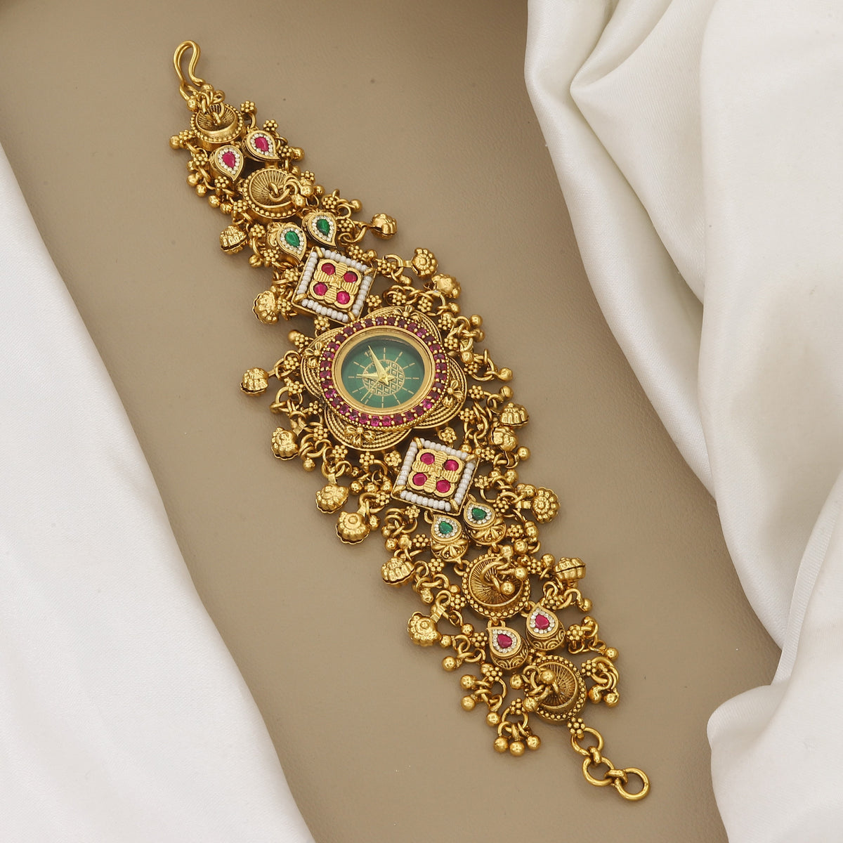 Traditional Gold-Plated Stone-Studded Watch Bracelet