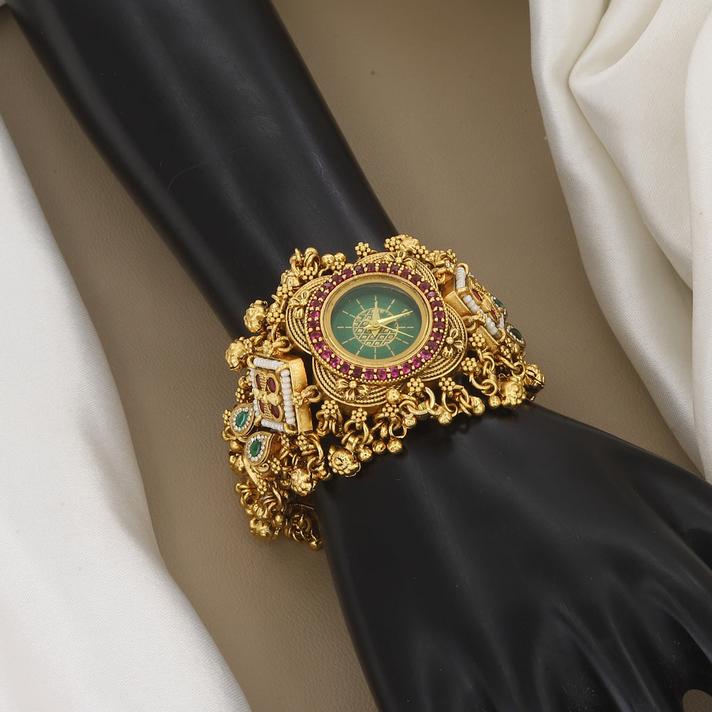Traditional Gold-Plated Stone-Studded Watch Bracelet