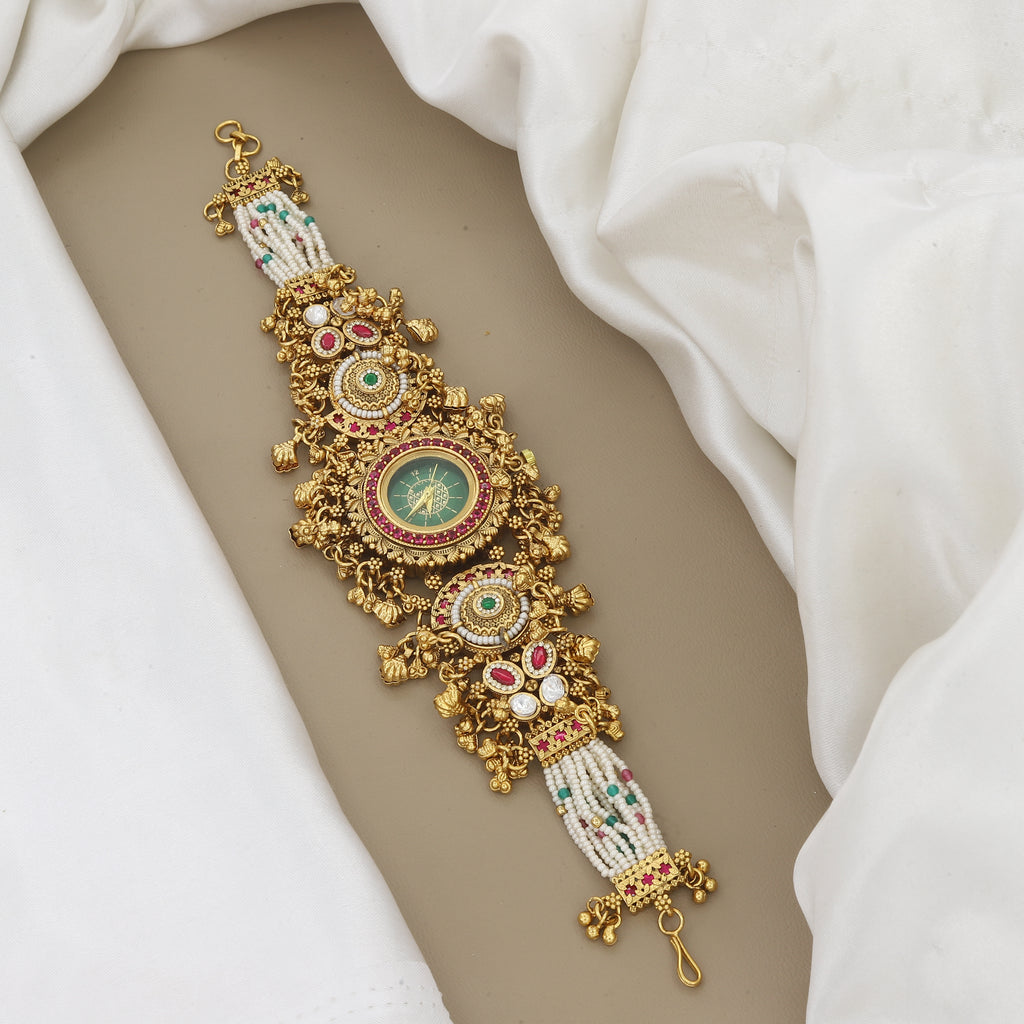 Traditional Gold-Plated Stone-Studded Watch Bracelet