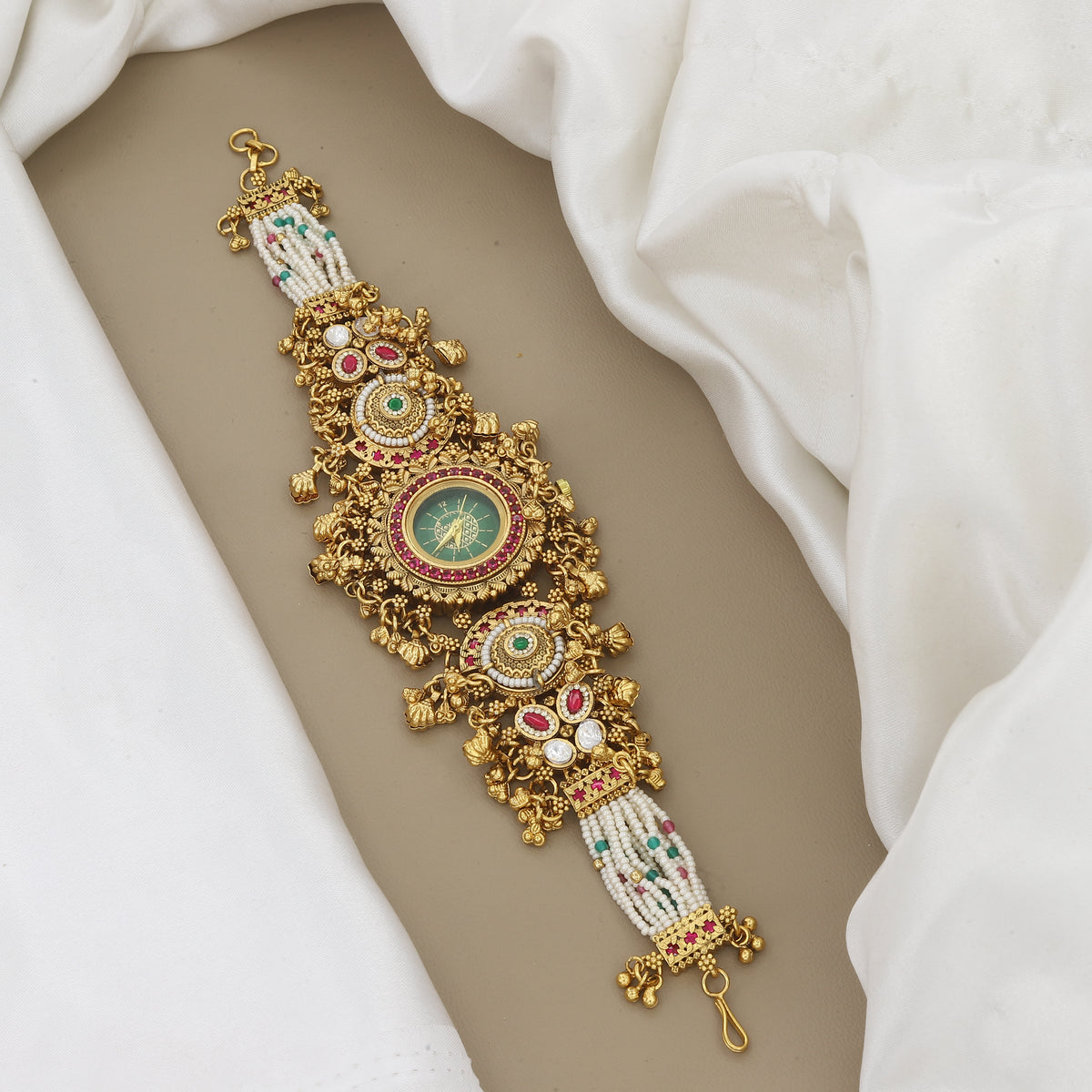 Traditional Gold-Plated Stone-Studded Watch Bracelet