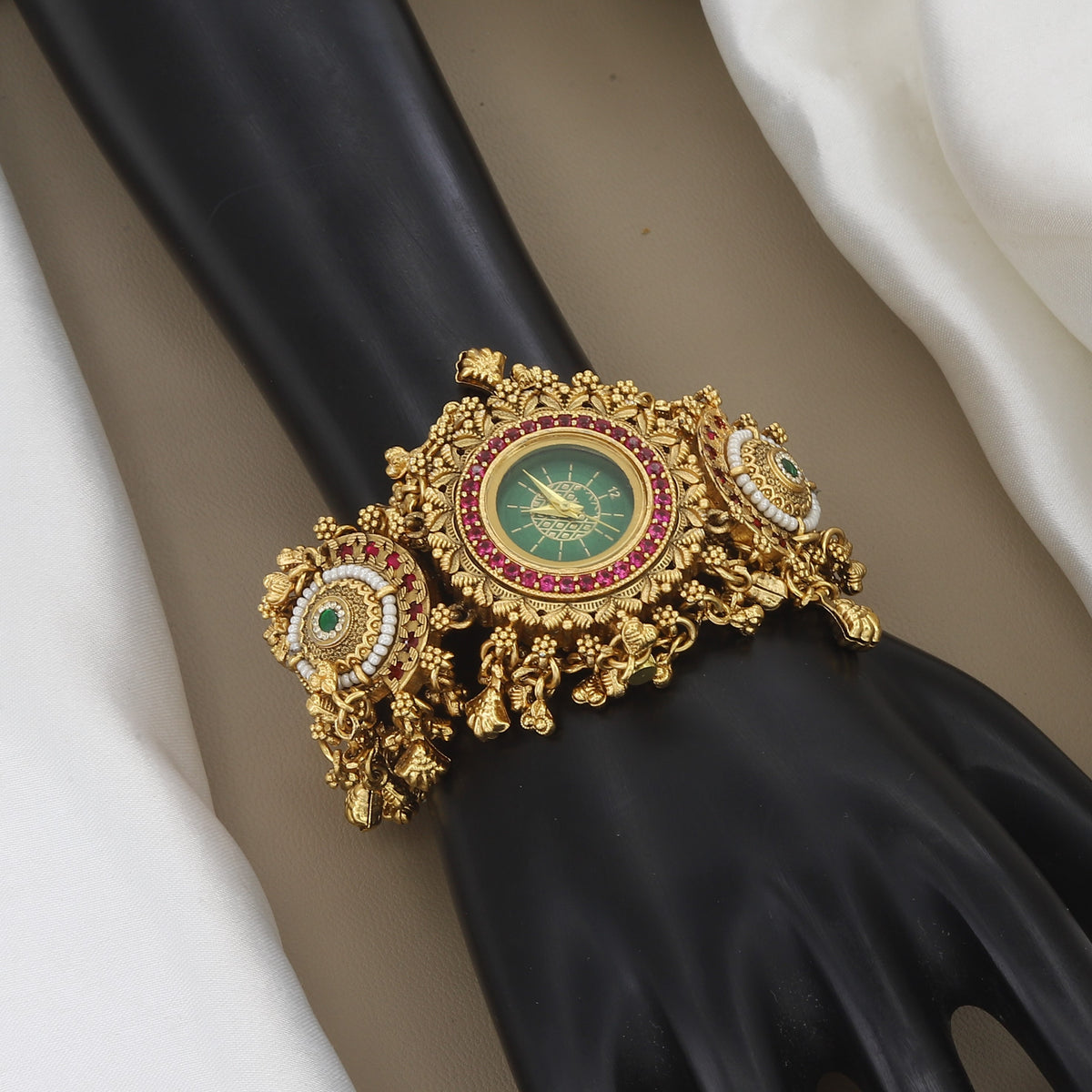 Traditional Gold-Plated Stone-Studded Watch Bracelet