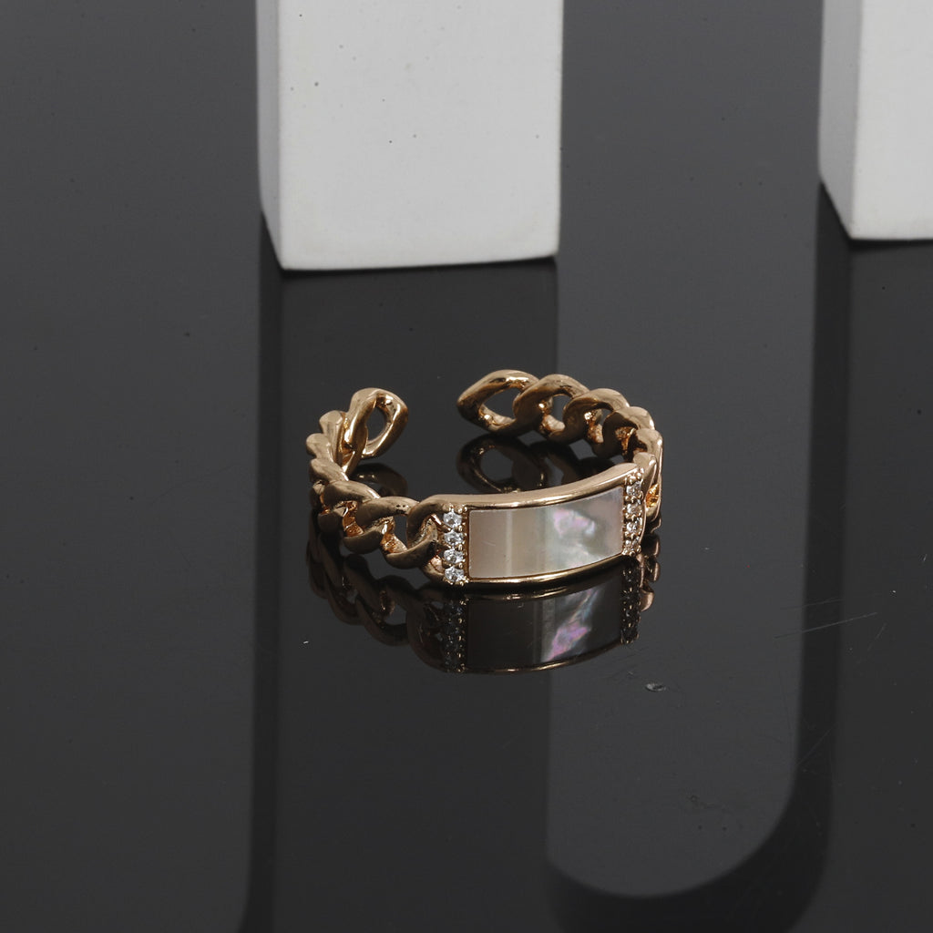 Rose Gold Curb Chain Adjustable Ring with Mother of Pearl Inlay