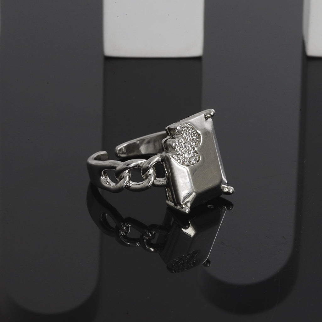 Silver Chain Link Ring with Pave Inset Rectangle Plate