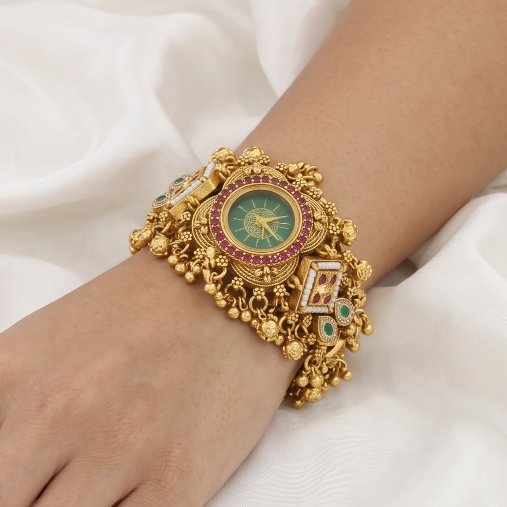 Traditional Gold-Plated Stone-Studded Watch Bracelet