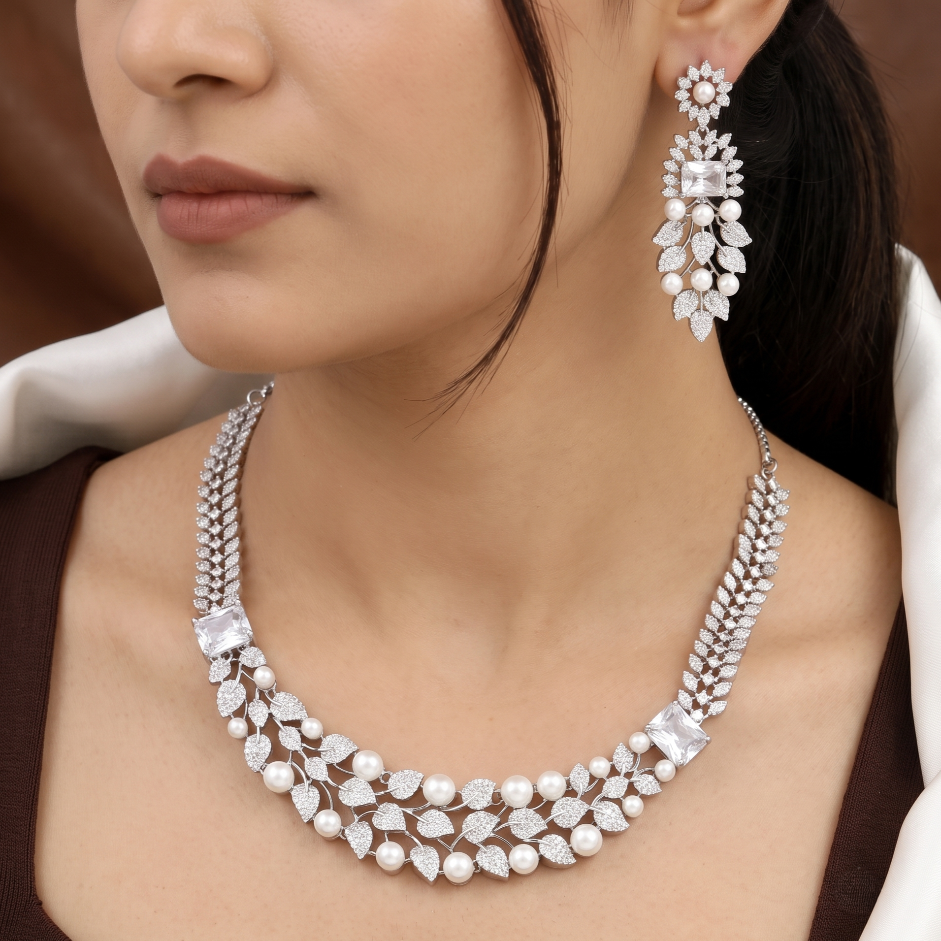 Silver Plated CZ & Pearl Leaf Diamond Necklace Set