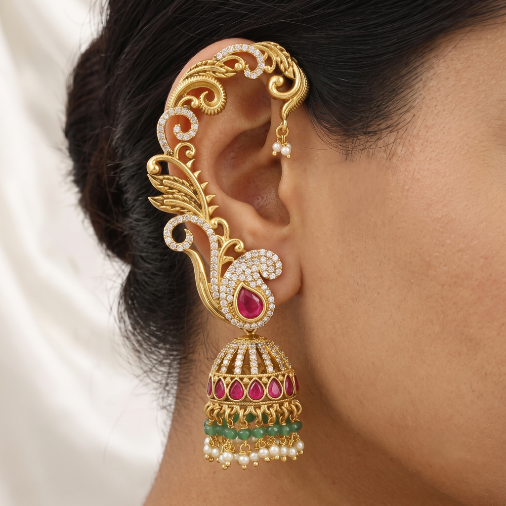 Antique Matte Gold Peacock Ear Cuff Jhumka with Ruby Stone