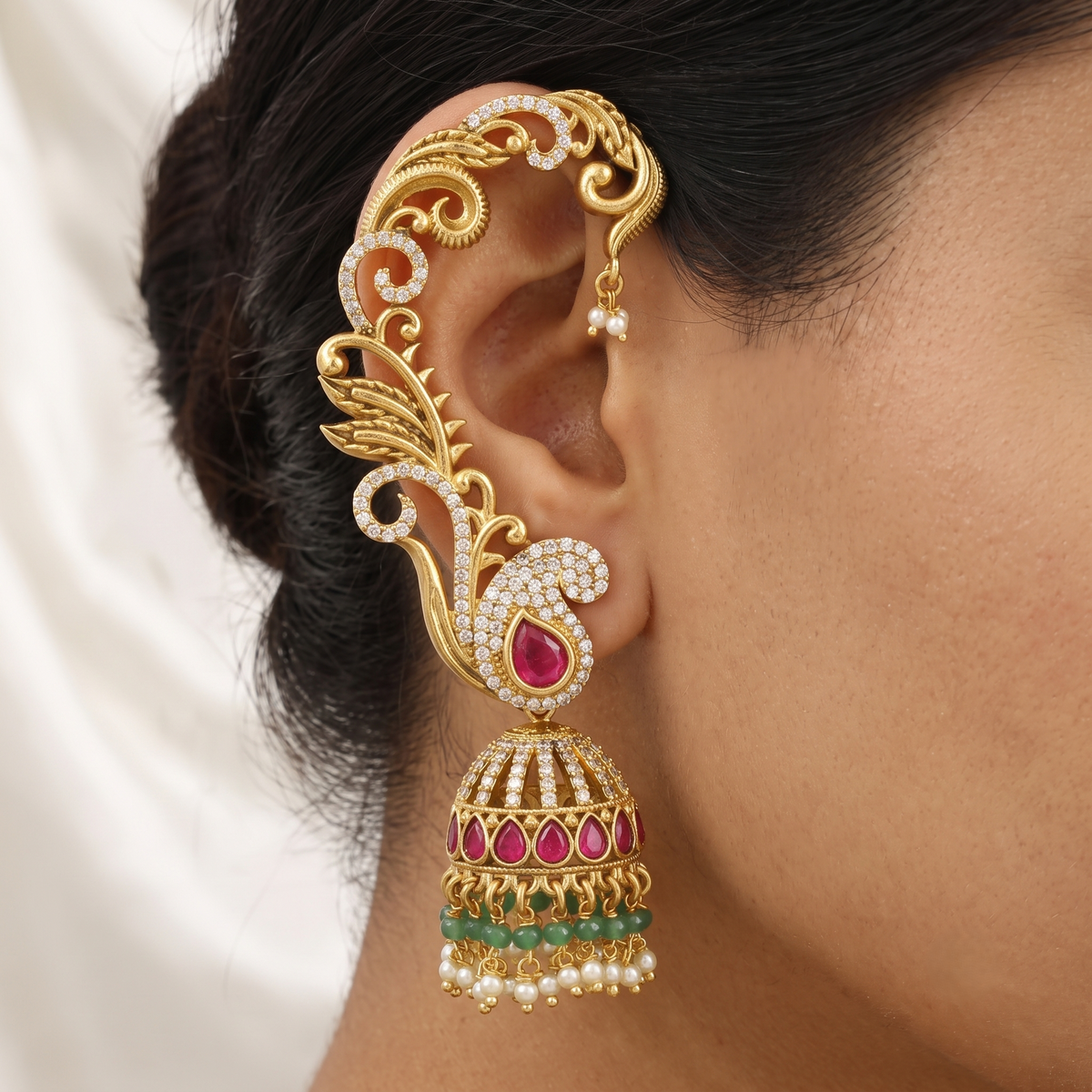 Antique Matte Gold Peacock Ear Cuff Jhumka with Ruby Stone