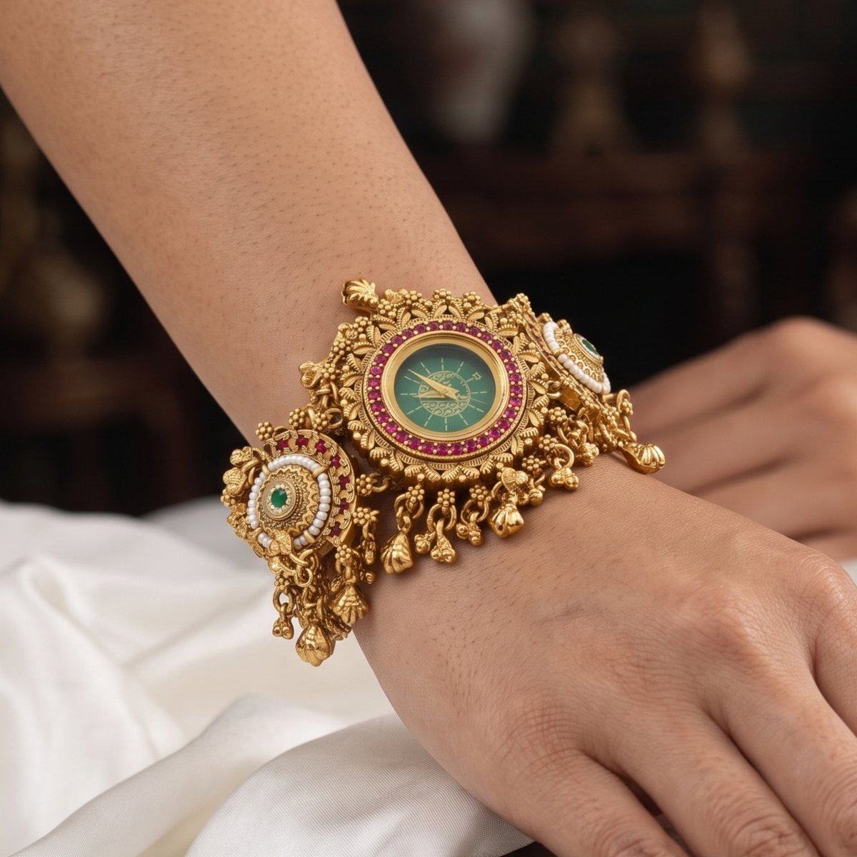Traditional Gold-Plated Stone-Studded Watch Bracelet