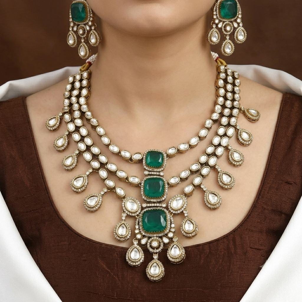 3-Layer Kundan Necklace Set with Emerald Green Stones