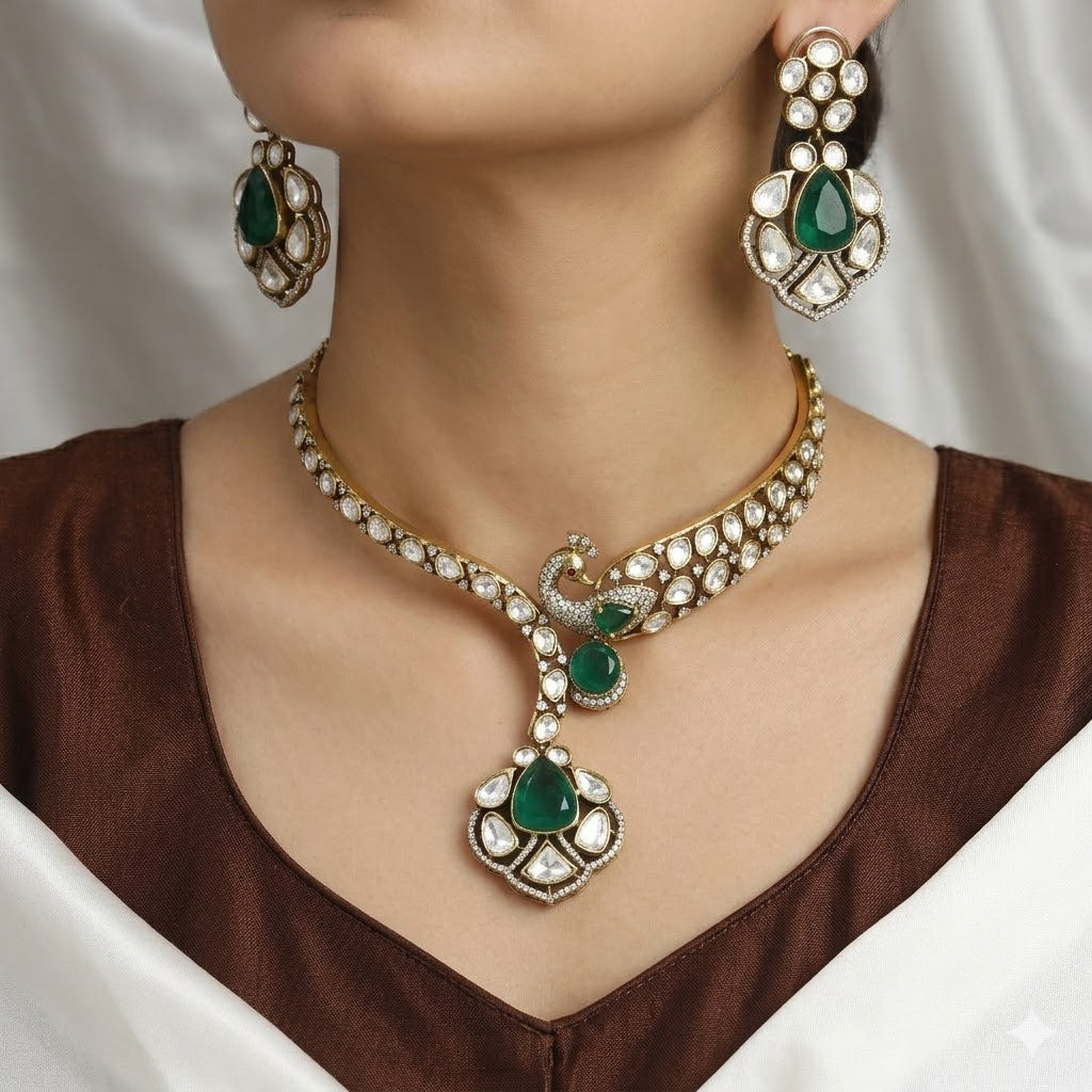 Traditional Kundan Peacock Pendant Set with Teardrop Emeralds
