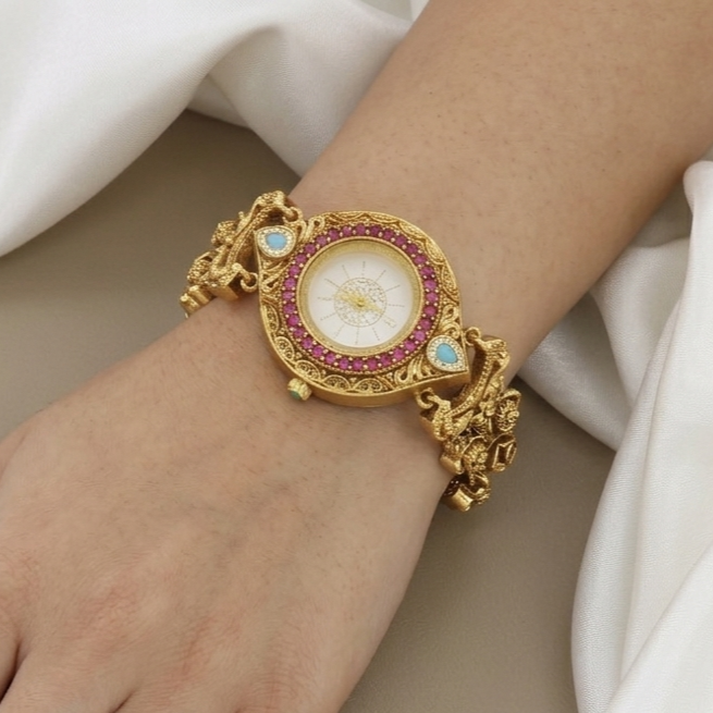 Traditional Gold-Plated Ruby & Turquoise Stone Watch Bracelet