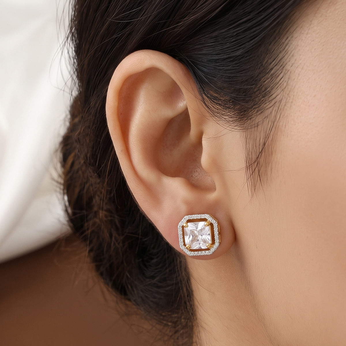 Golden Cushion Cut Solitaire Halo Stud Earrings