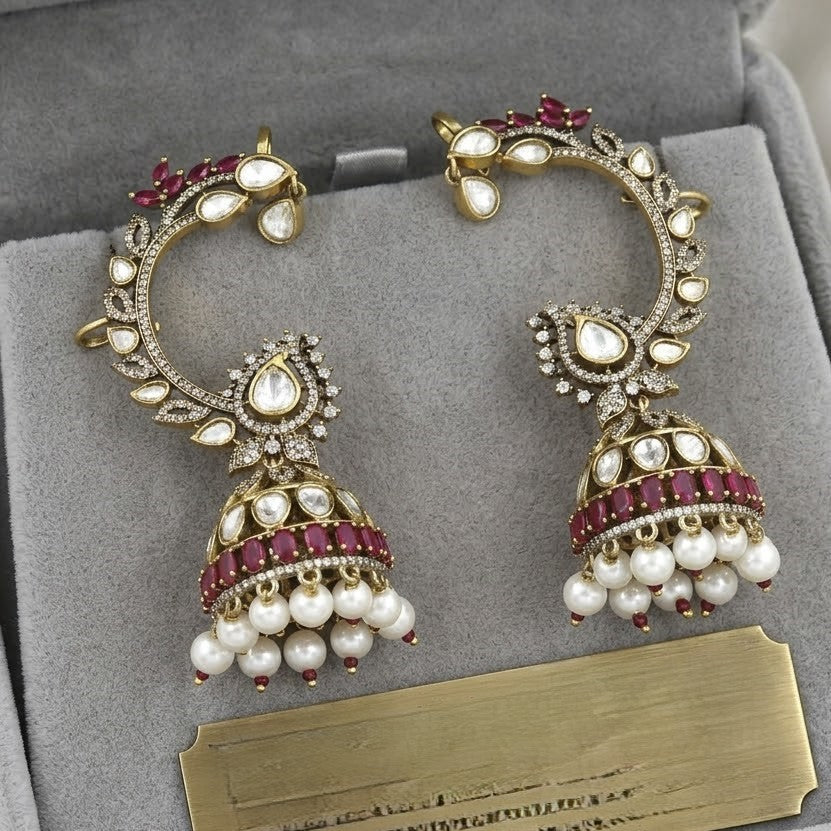 Victorian Polished Antique Gold Kundan & Ruby Jhumka Ear Cuffs