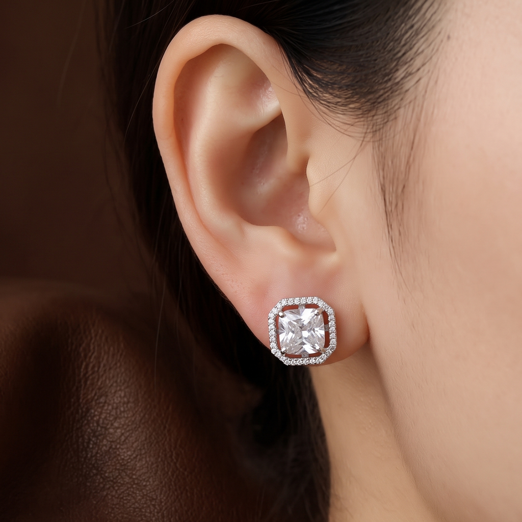 Silver Cushion Cut Solitaire Halo Stud Earrings