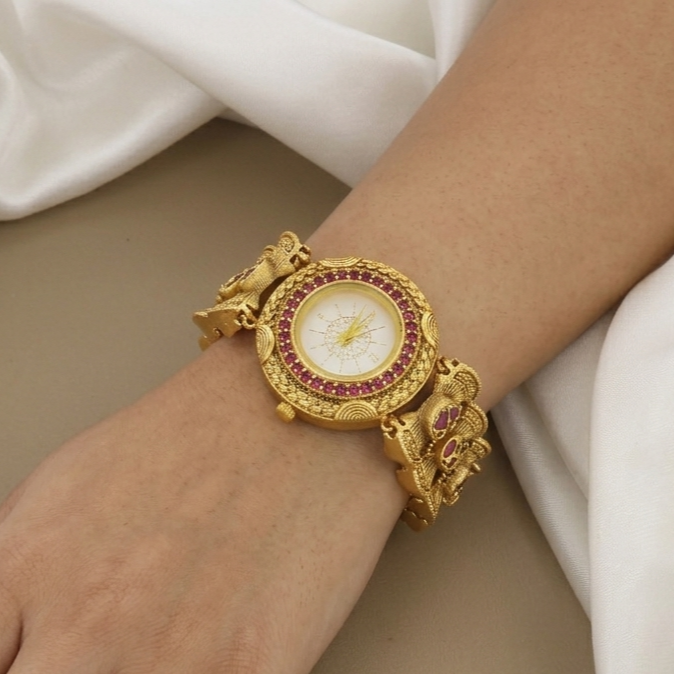 Traditional Gold-Plated Ruby Stone Designer Watch Bracelet