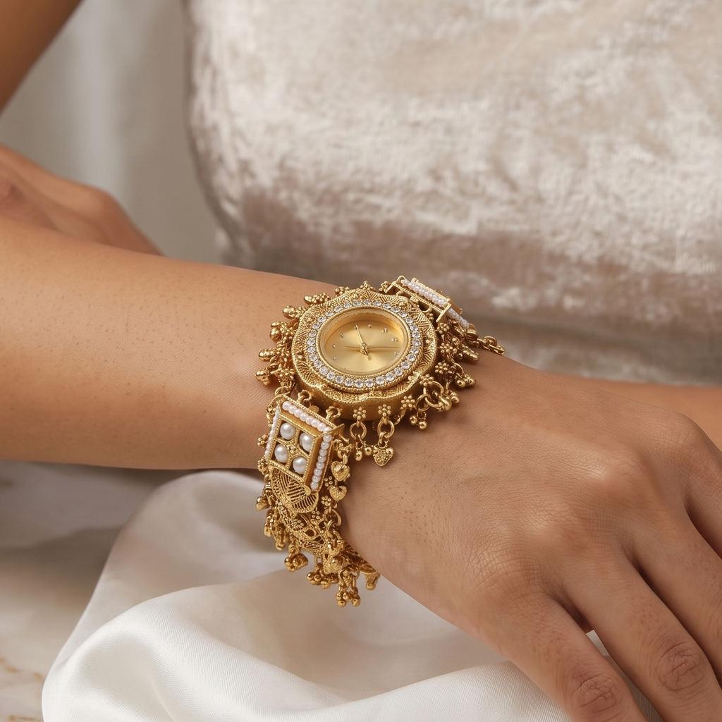 Exquisite Gold-Plated Stone-Studded Watch Bracelet