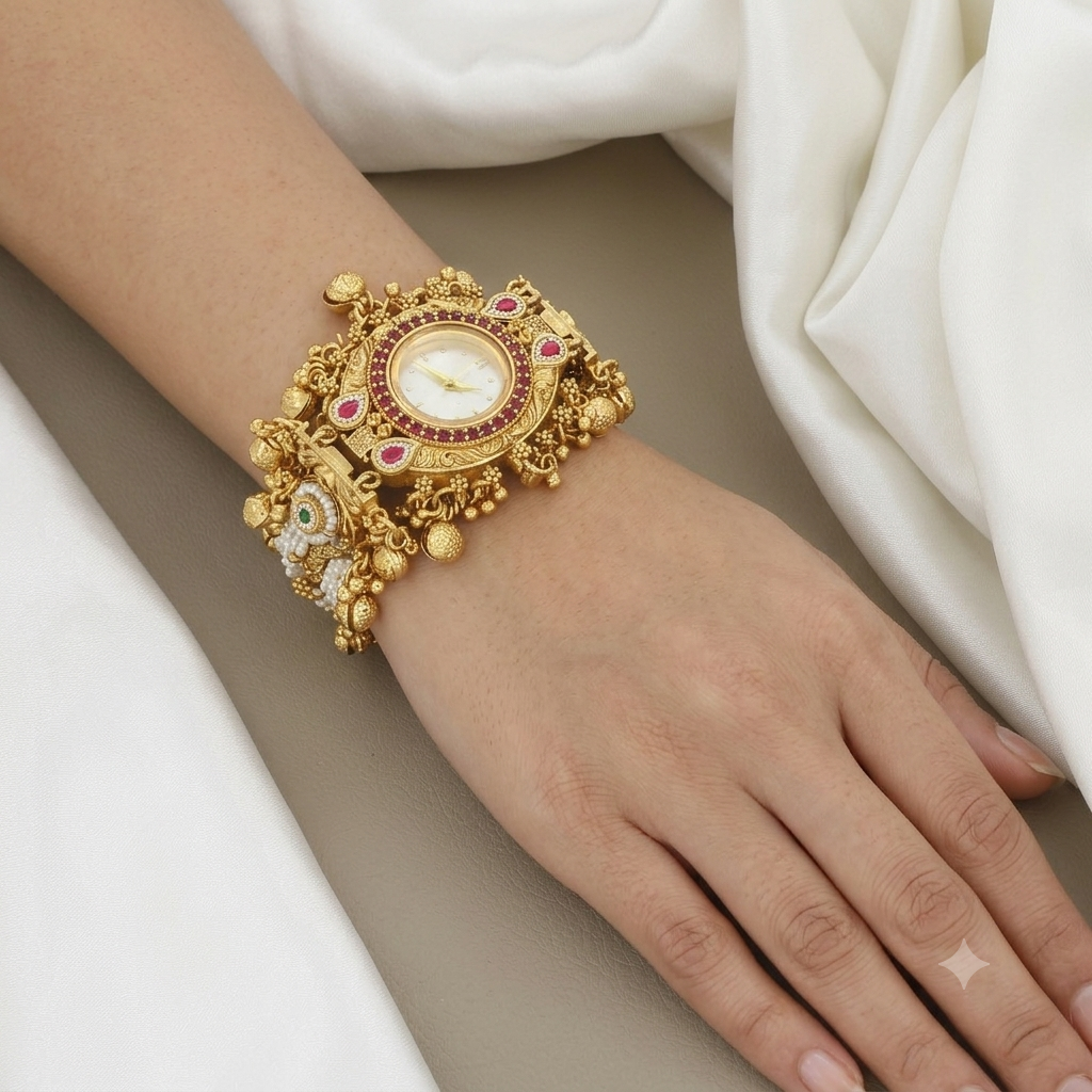 Traditional Gold-Plated Pearl & Stone-Studded Watch Bracelet