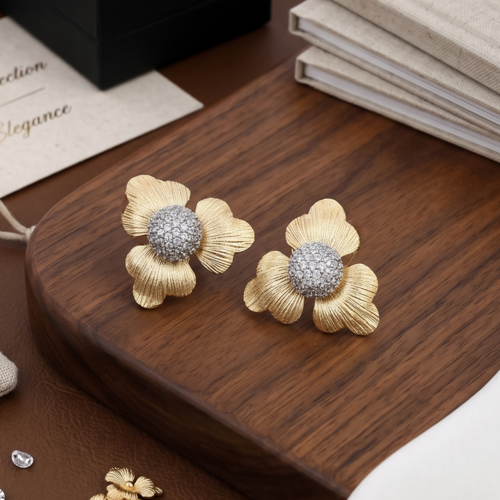 Matte Gold 3-Petal Floral Stud Earrings with Pave CZ Dome