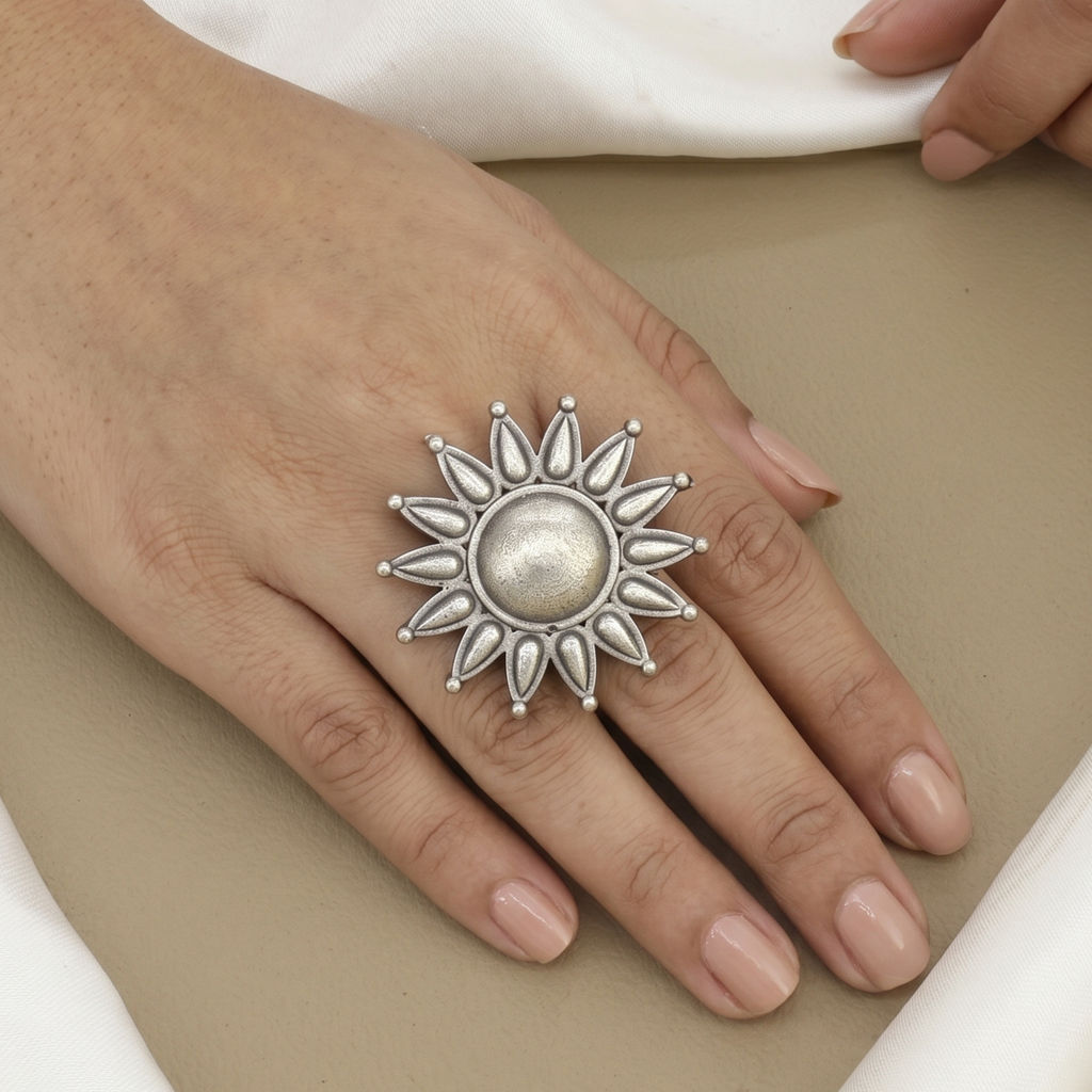 Oxidized Silver Sunburst Statement Ring